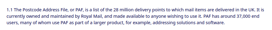 OFCOM excerpt stating that the Postcode Address File is currently owned and maintained by Royal Mail