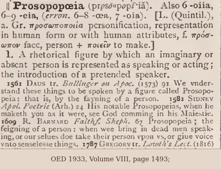 Oxford English Dictionary entry for prosopopoeia, including the definition, the expression feigning of a person, and a 1609 quotation.