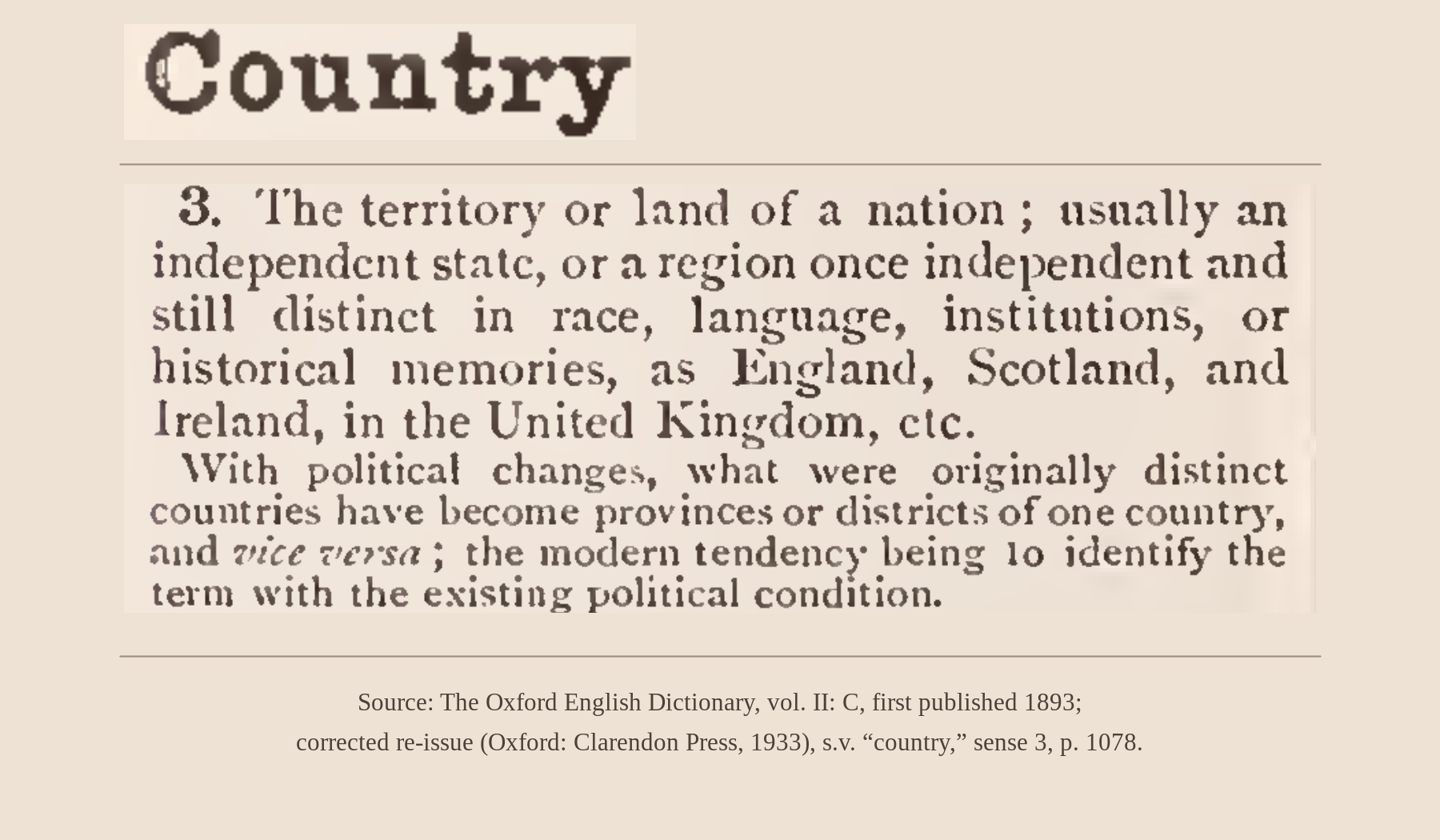 Oxford English Dictionary excerpt for country, noun, sense 3, describing the territory or land of a nation and historically distinct regions such as England, Scotland, and Ireland in the United Kingdom